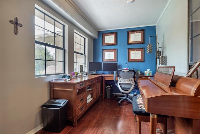 office with crown molding, dark hardwood / wood-style floors, and a textured ceiling