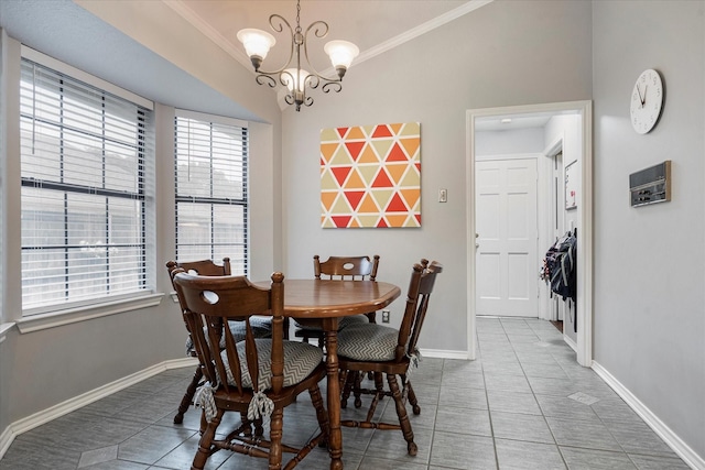 tiled dining room featuring ornamental molding, vaulted ceiling, and a notable chandelier