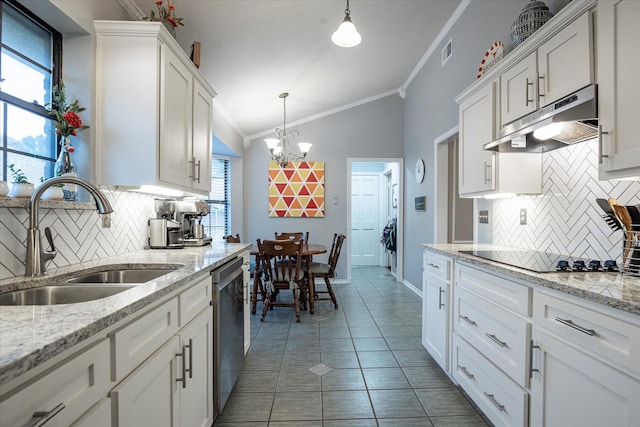 kitchen with sink, stainless steel dishwasher, hanging light fixtures, and white cabinets