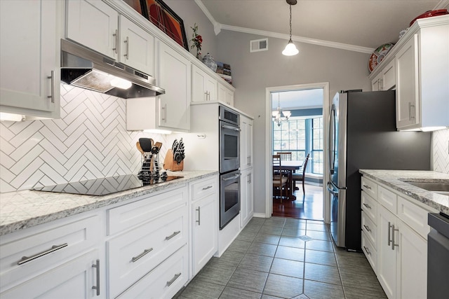 kitchen with crown molding, decorative light fixtures, white cabinets, and black appliances