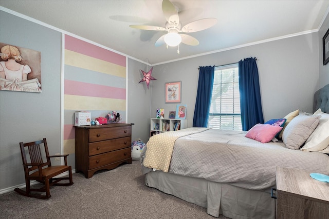 bedroom featuring crown molding, carpet, and ceiling fan