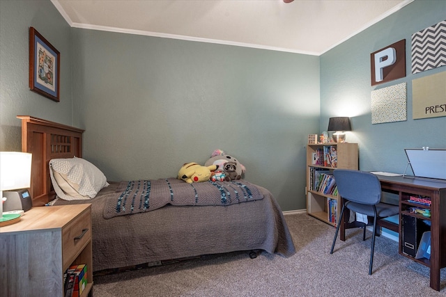 bedroom with light carpet and crown molding