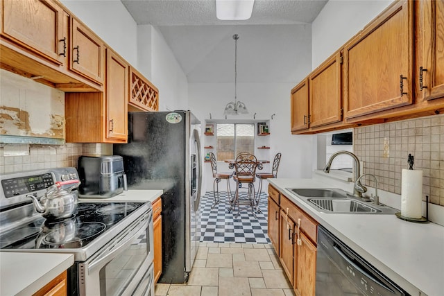 kitchen featuring stainless steel electric range oven, dishwasher, lofted ceiling, sink, and backsplash