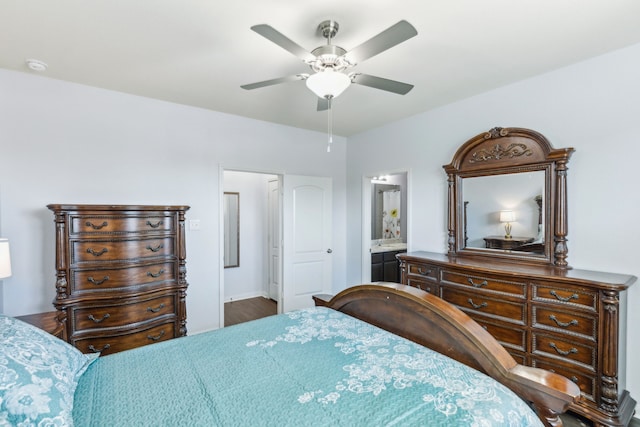 bedroom featuring ceiling fan and ensuite bathroom