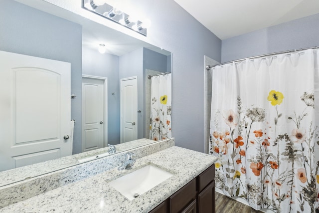 bathroom featuring hardwood / wood-style flooring and vanity