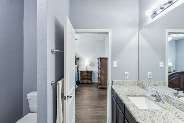 bathroom with vanity, wood-type flooring, and toilet