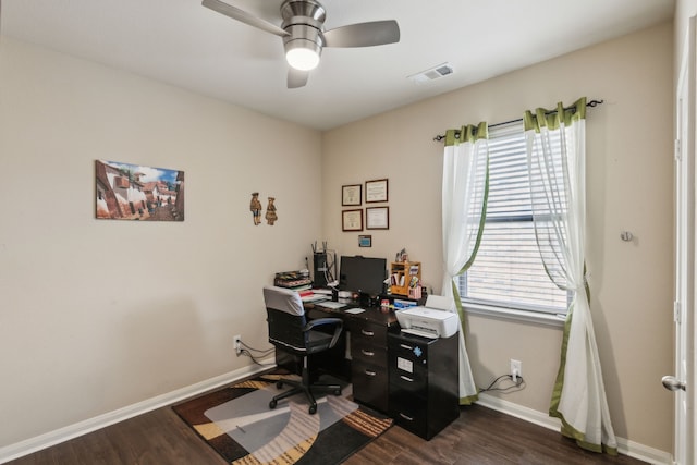 office space featuring dark wood-type flooring and ceiling fan