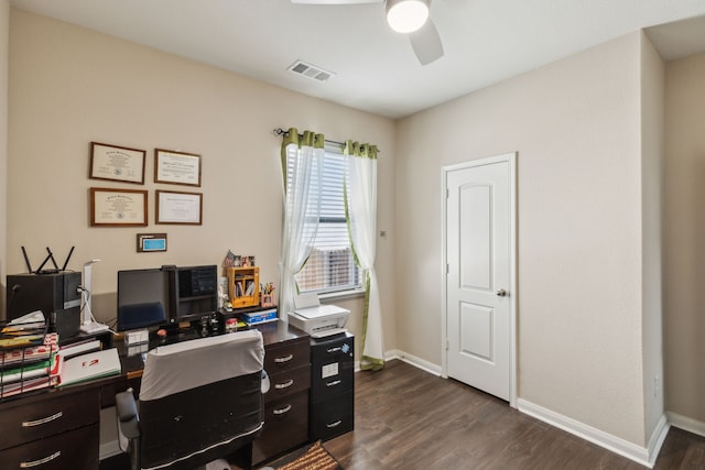 home office with dark hardwood / wood-style floors and ceiling fan