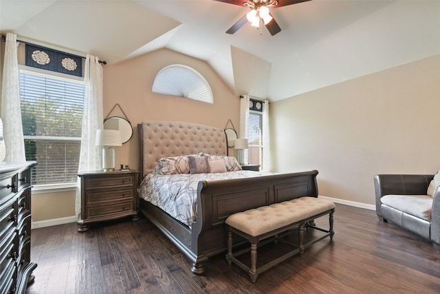 bedroom featuring dark wood-type flooring, ceiling fan, and lofted ceiling