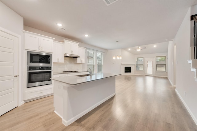 kitchen with a fireplace, tasteful backsplash, appliances with stainless steel finishes, white cabinetry, and a sink