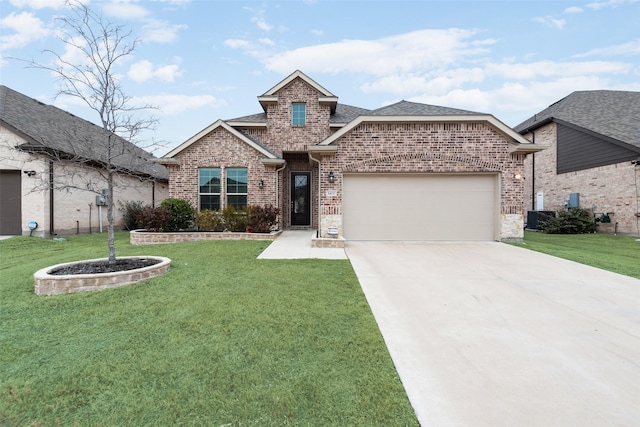 view of front facade featuring a garage, brick siding, concrete driveway, roof with shingles, and a front yard