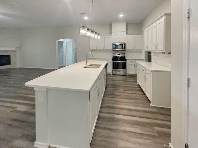 kitchen featuring white cabinetry, appliances with stainless steel finishes, sink, and a kitchen island with sink