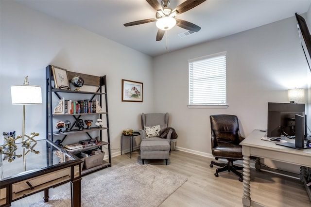 office area featuring ceiling fan and light wood-type flooring