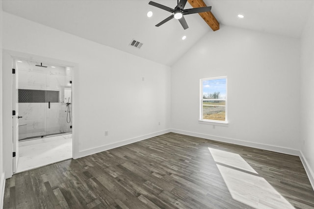 interior space featuring dark wood-type flooring, ceiling fan, high vaulted ceiling, connected bathroom, and beamed ceiling