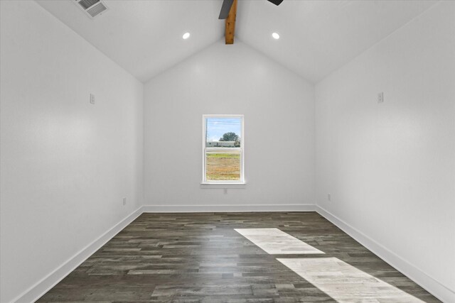 unfurnished room with ceiling fan, dark hardwood / wood-style flooring, and lofted ceiling with beams