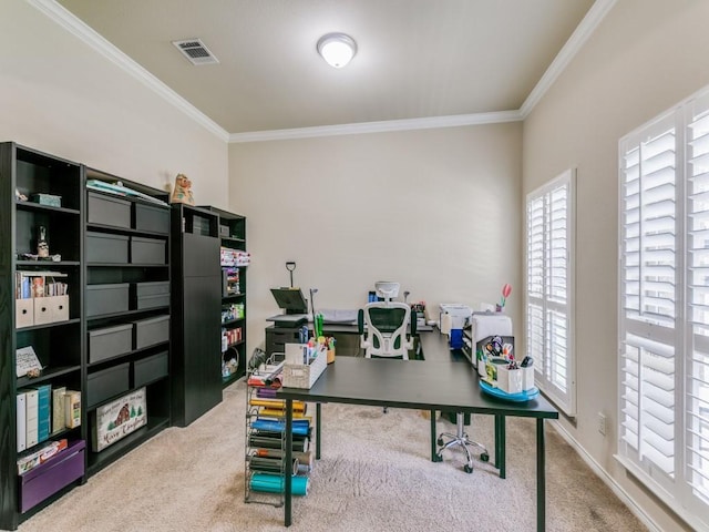 carpeted home office featuring ornamental molding