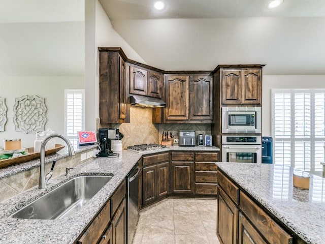 kitchen with sink, stainless steel appliances, dark brown cabinetry, a healthy amount of sunlight, and decorative backsplash