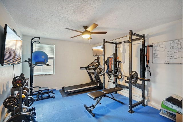 exercise area featuring ceiling fan and a textured ceiling