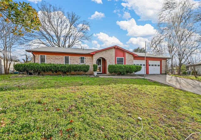 ranch-style house with a garage and a front yard