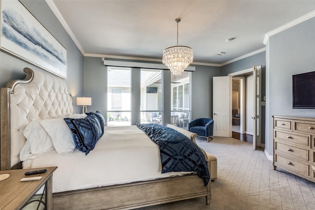 carpeted bedroom featuring crown molding and a notable chandelier