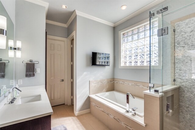 bathroom with crown molding, vanity, separate shower and tub, and tile patterned flooring