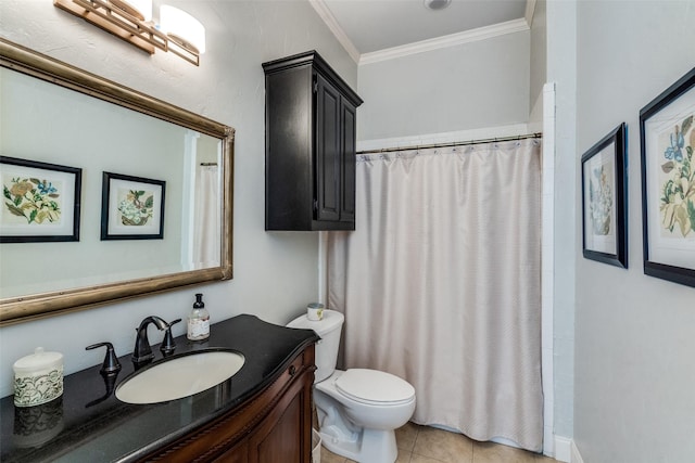 bathroom with tile patterned floors, toilet, crown molding, vanity, and a shower with shower curtain