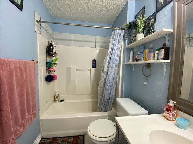 full bathroom with vanity, toilet, shower / tub combo, and a textured ceiling