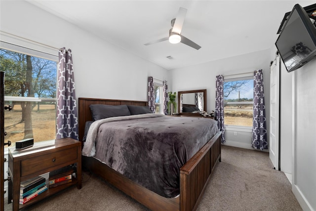 bedroom with ceiling fan and carpet