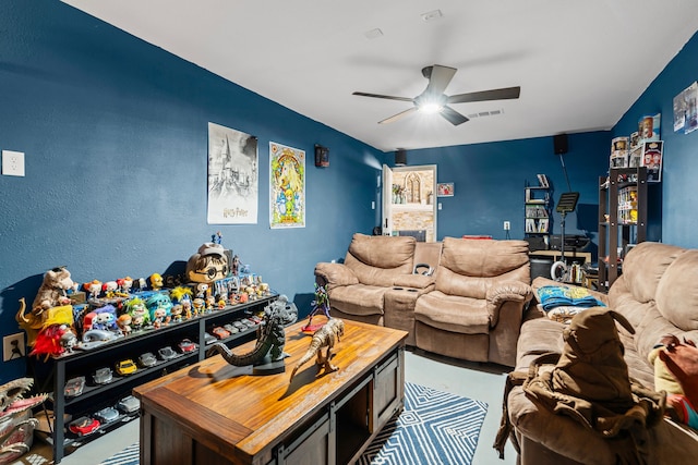 living room with ceiling fan