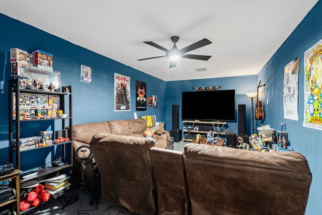 living room featuring ceiling fan