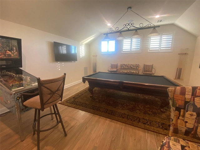 game room featuring lofted ceiling, hardwood / wood-style flooring, and billiards