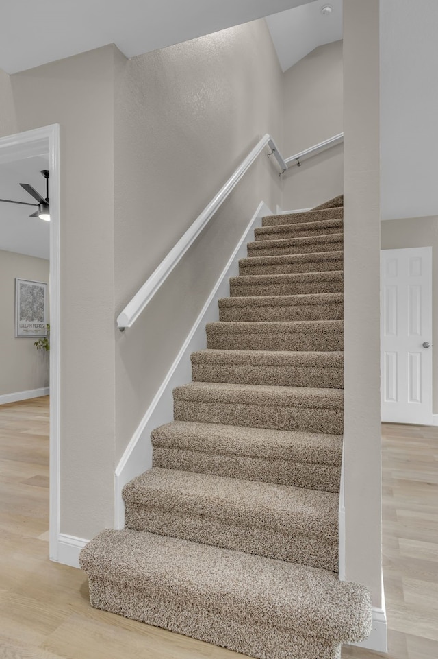 staircase featuring hardwood / wood-style flooring and ceiling fan