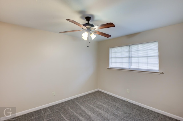 empty room featuring ceiling fan, baseboards, and carpet flooring