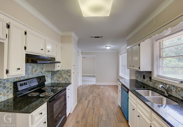 kitchen featuring under cabinet range hood, stainless steel dishwasher, white cabinets, and black electric range oven