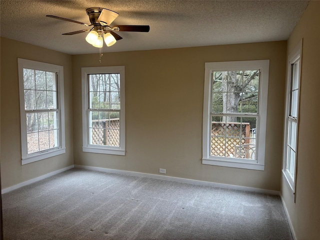 empty room featuring ceiling fan, carpet floors, and a textured ceiling