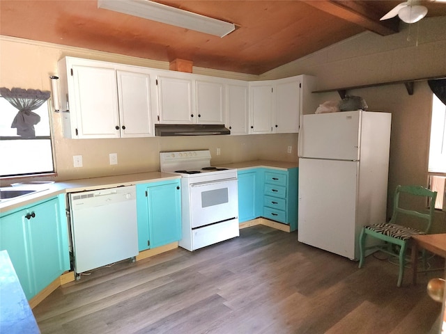 kitchen with blue cabinetry, white cabinetry, vaulted ceiling, light hardwood / wood-style flooring, and white appliances