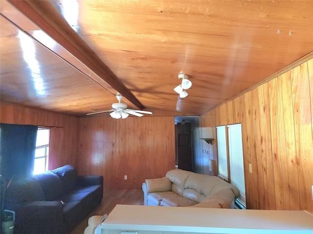 living room featuring wooden walls, lofted ceiling with beams, hardwood / wood-style flooring, ceiling fan, and wooden ceiling