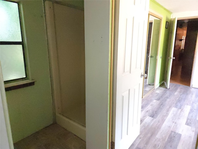 bathroom with hardwood / wood-style floors