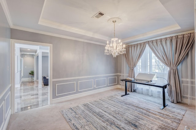 miscellaneous room featuring an inviting chandelier, crown molding, light colored carpet, and a raised ceiling