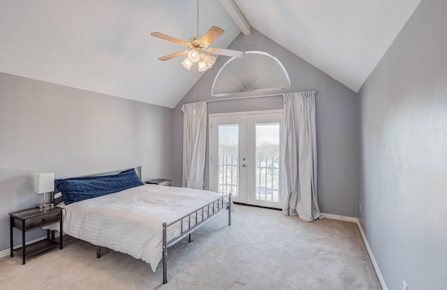 carpeted bedroom featuring ceiling fan, access to exterior, high vaulted ceiling, french doors, and beamed ceiling