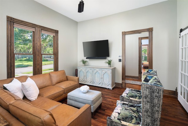 living room with dark hardwood / wood-style floors and a wealth of natural light