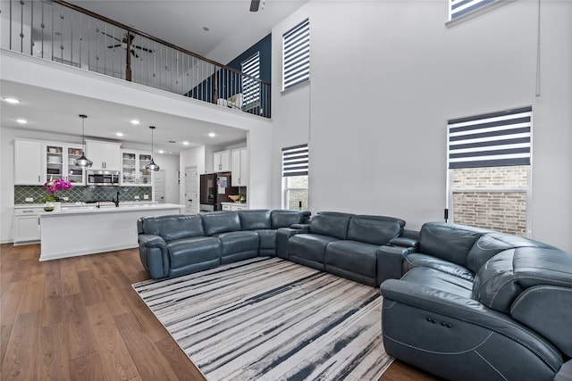 living room with a towering ceiling and dark hardwood / wood-style floors