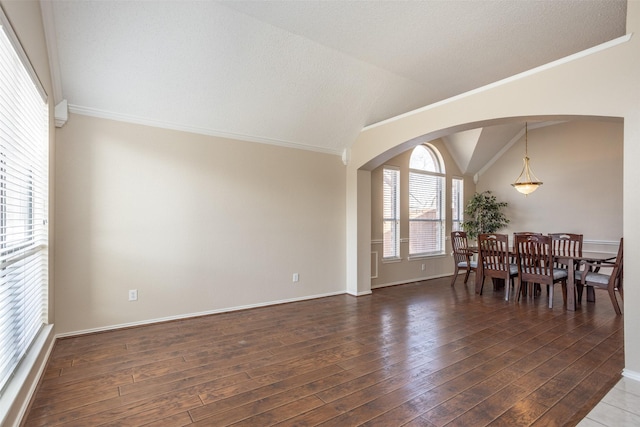 interior space featuring lofted ceiling, ornamental molding, dark hardwood / wood-style floors, and a textured ceiling