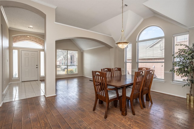 dining room featuring lofted ceiling, wood-type flooring, and ornamental molding