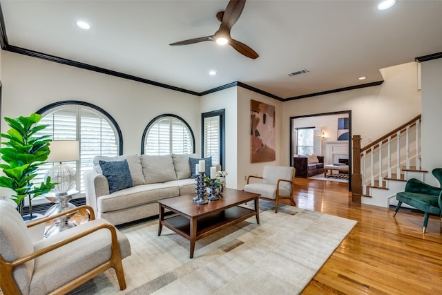 living room with crown molding, light hardwood / wood-style flooring, and ceiling fan