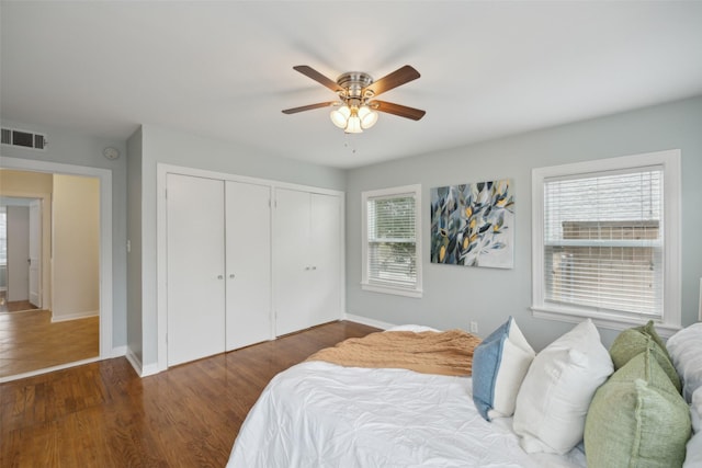 bedroom with dark hardwood / wood-style flooring, ceiling fan, and multiple closets