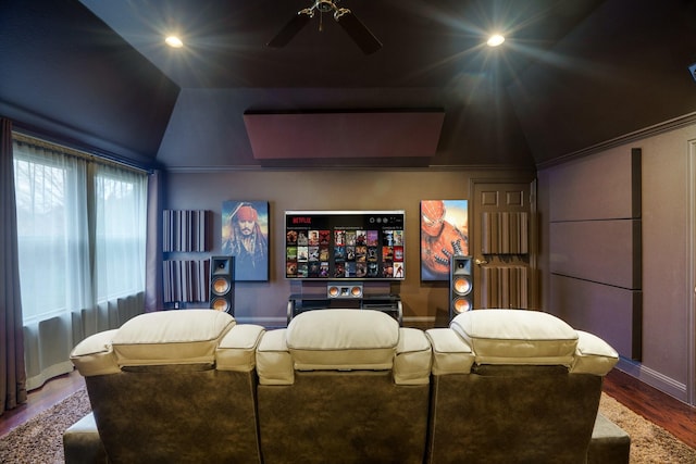 404 Twin Creeks Dr, Allen, TX 75013 - cinema room featuring wood finished floors, a ceiling fan, recessed lighting, and vaulted ceiling