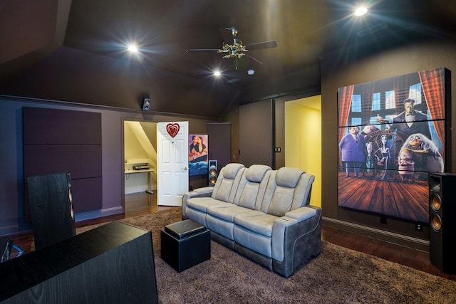 404 Twin Creeks Dr, Allen, TX 75013 - home theater with a ceiling fan, wood finished floors, and lofted ceiling