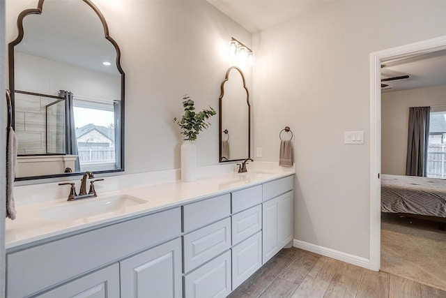 bathroom with vanity and hardwood / wood-style floors