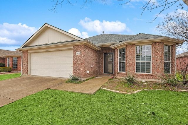 ranch-style house with a garage and a front lawn